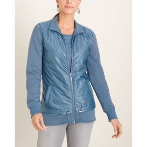 Chico's Zenergy 2 L 12 14 Sky Blue Mixed Fabric Zip Front Quilted Jacket Pockets